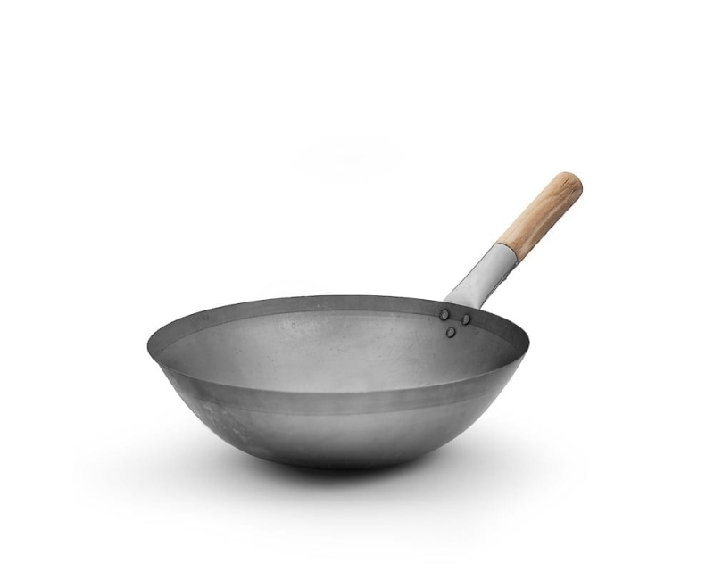 Wok en acier carbone 36 cm avec manche en bois (fond rond)