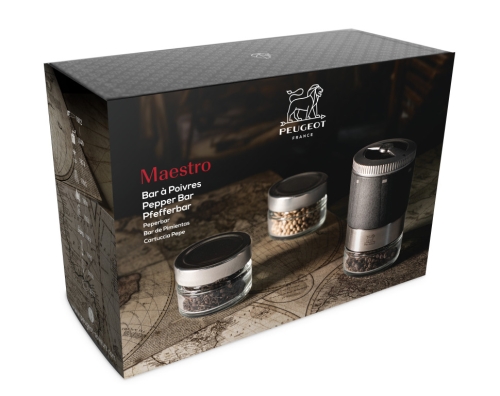Set with Pepper Mill, 2 Jars and 3 Pepper Varieties, 11 cm, Maestro - Peugeot