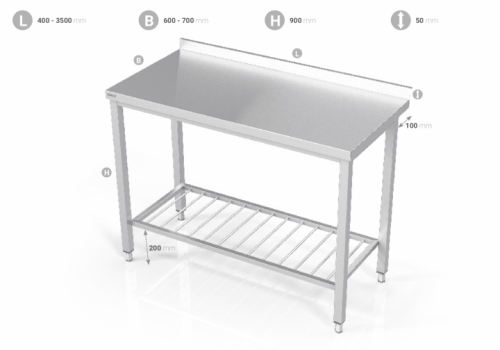 Stainless steel bench with grid shelf