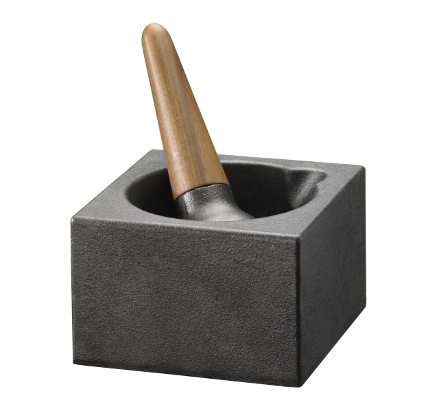 Mortar, cast iron pestle with walnut handle.