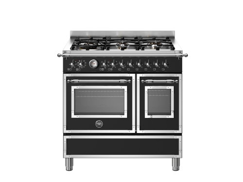 Heritage Gas Stove, 90 cm, 6 Burners, Double Oven, Matte Black - Bertazzoni