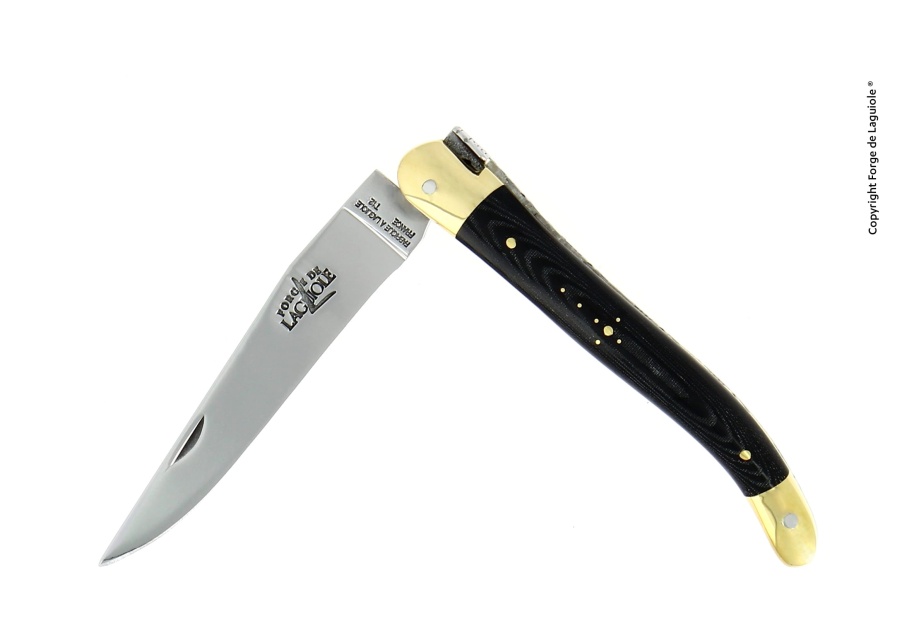 Dining knife with folding blade, brass bolster, black handle - Forge de Laguiole