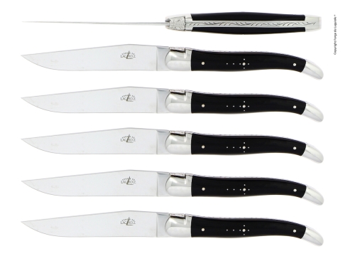 Six couteaux, manche en corne noire, poli, Tradition - Forge de Laguiole