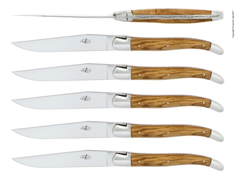 Sechs Messer, Griff aus Olivenholz, poliert, Tradition - Forge de Laguiole