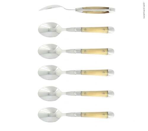 Sechs Dessertlöffel, Griff aus hellem Horn, poliert, Tradition - Forge de Laguiole