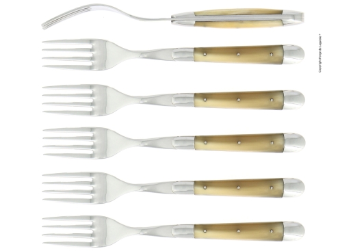 Sechs Gabeln, Griff aus hellem Horn, poliert, Tradition - Forge de Laguiole