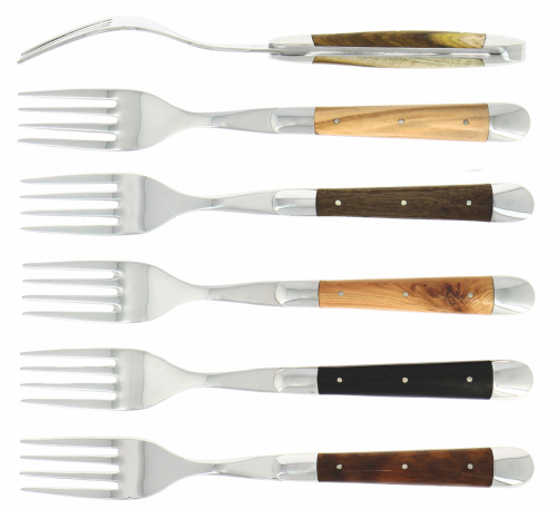 Sechs Gabeln, Griffe aus verschiedenen Hartholzsorten, poliert, Tradition - Forge de Laguiole