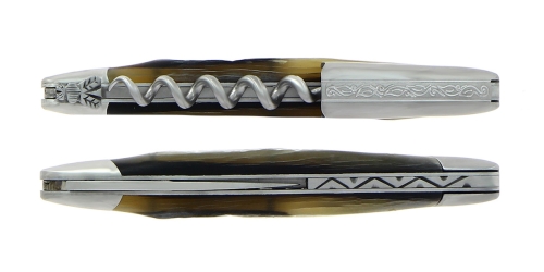 Aubra horn sommelier knife, damascened with decoration, Collection - Forge de Laguiole