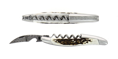 Deer antler sommelier knife, damascened with decoration, Collection - Forge de Laguiole