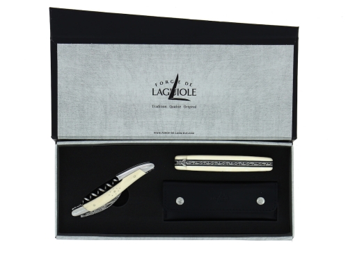 Couteau pliant et couteau de sommelier en corne de mammouth damasquinée - Forge de Laguiole