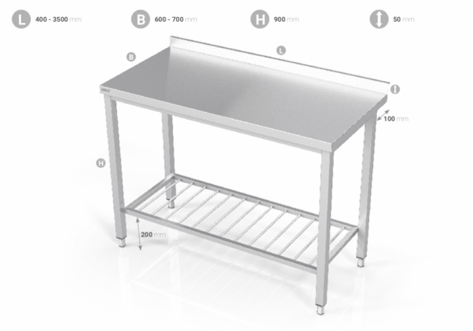 Stainless steel bench with grid shelf in the group Kitchen interior / Stainless steel interior / Stainless steel benches at KitchenLab (1102-21274)