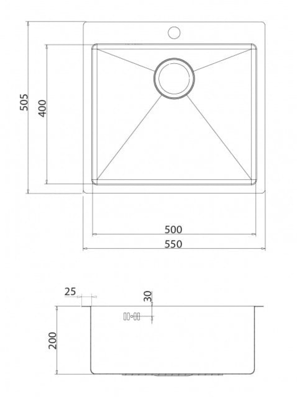 Stainless steel sink 550 x 505 mm