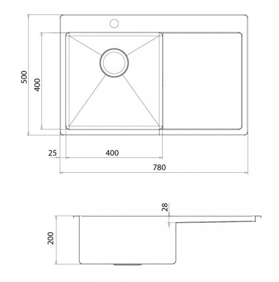 Stainless steel sink 780 x 500 mm with shelf on the right