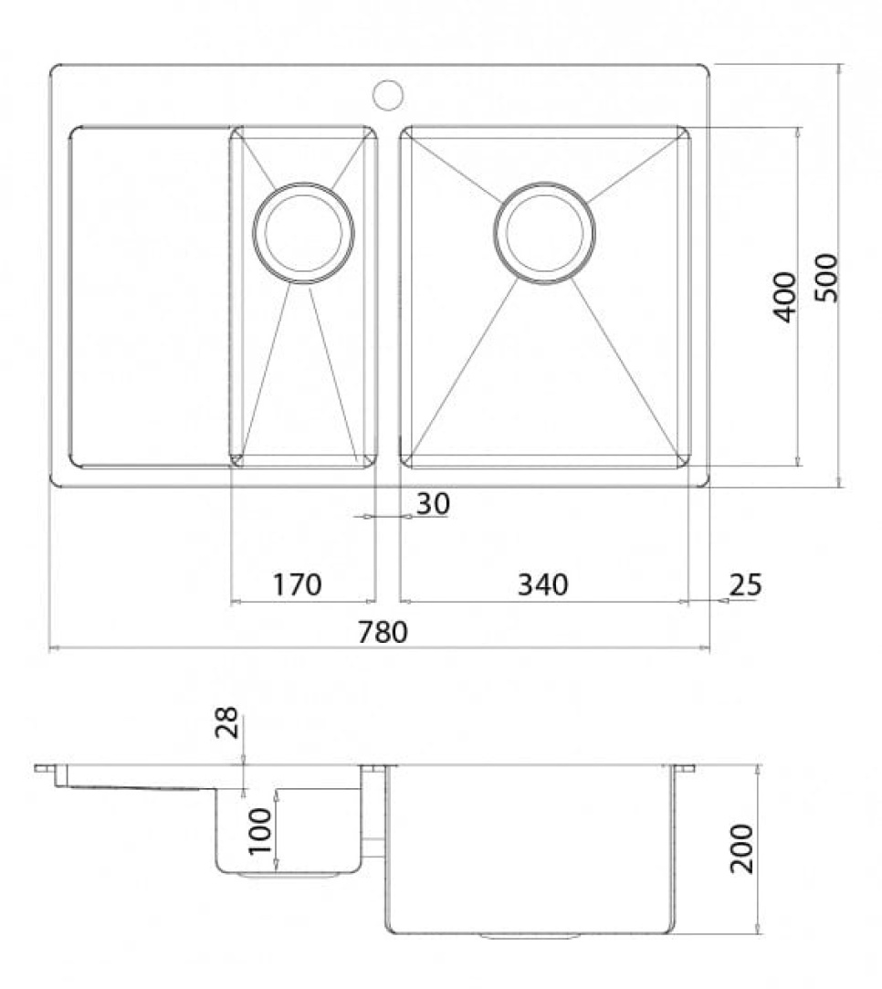 Stainless steel double sink 780 x 500 mm with shelf on the left
