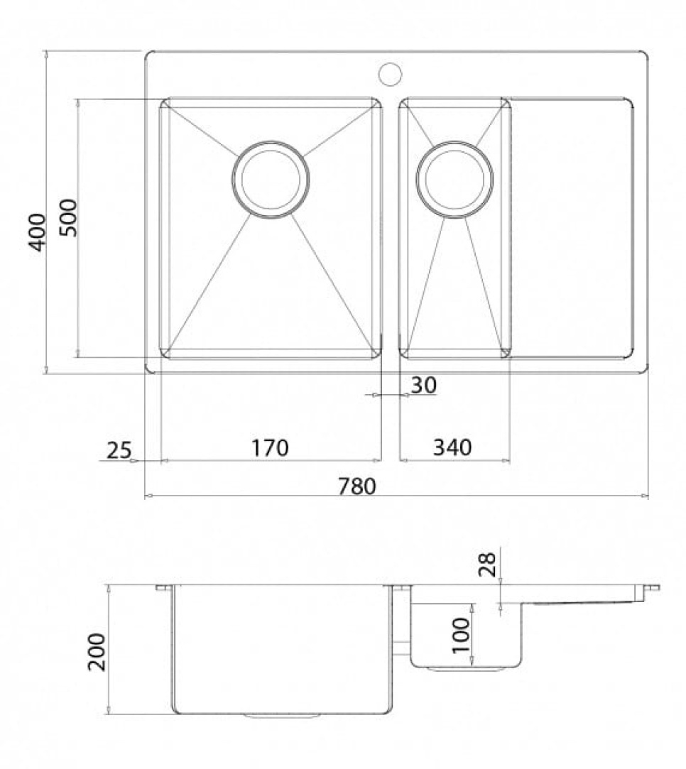 Stainless steel double sink 780 x 500 mm with shelf on the right