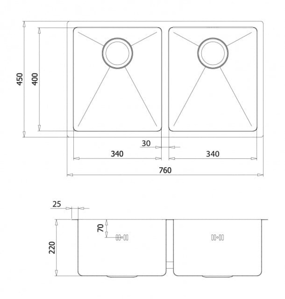 Stainless steel double sink 760 x 450 mm