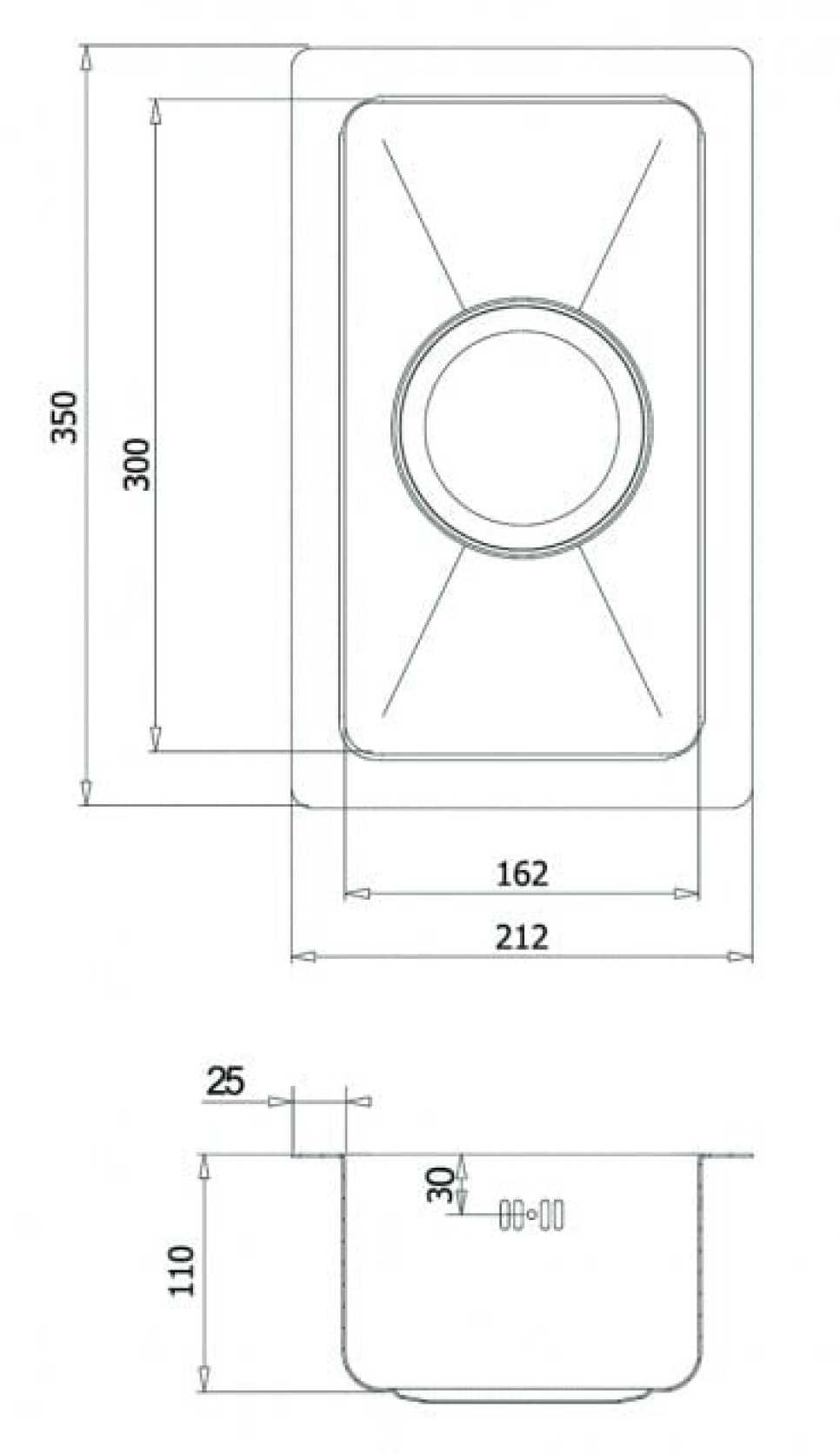 Stainless steel sink 212 x 350 mm