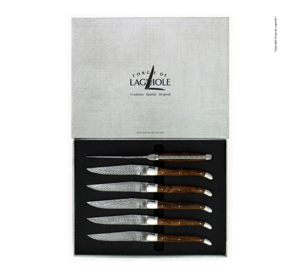 Six couteaux, manche en noyer, damas mat, Collection - Forge de Laguiole