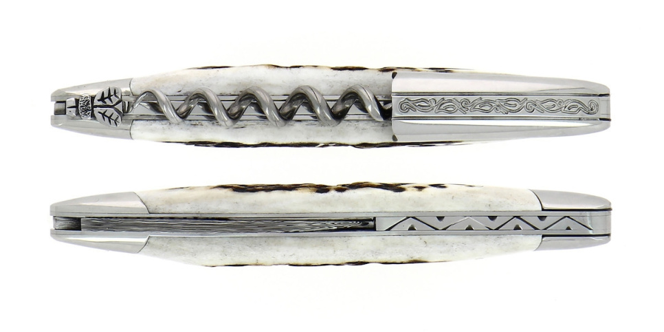 Deer antler sommelier knife, damascened with decoration, Collection - Forge de Laguiole