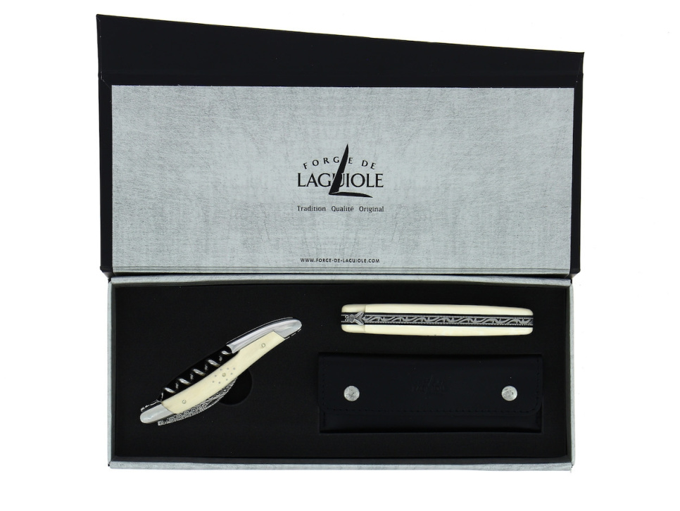 Mammoth horn folding knife and sommelier knife, damascened - Forge de Laguiole in the group Table setting / Cutlery / Knives at KitchenLab (1446-32984)