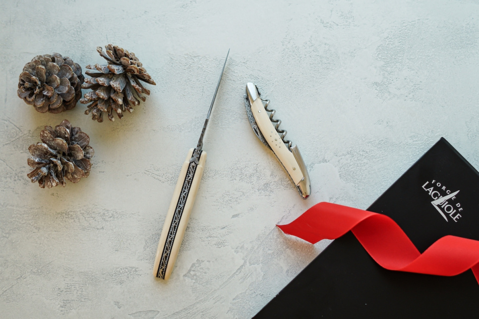 Mammoth horn folding knife and sommelier knife, damascened - Forge de Laguiole