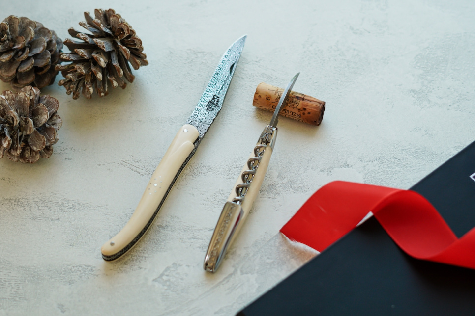 Mammoth horn folding knife and sommelier knife, damascened - Forge de Laguiole