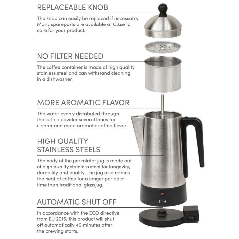 Percolator, Brushed Stainless Steel, 12 Cups – C3