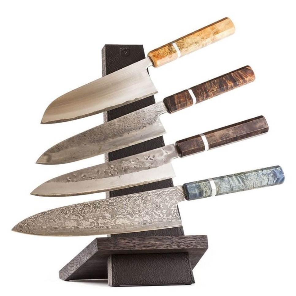 Handmade knife stand, oak and leather - Piotr The Bear