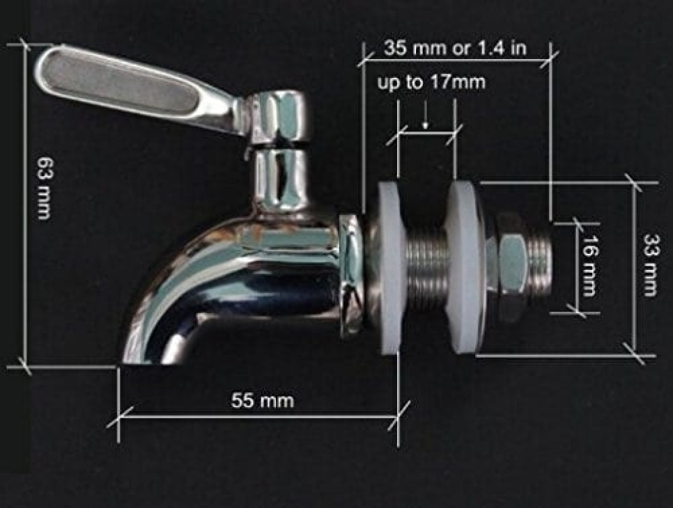 Faucet in stainless steel, 16 mm